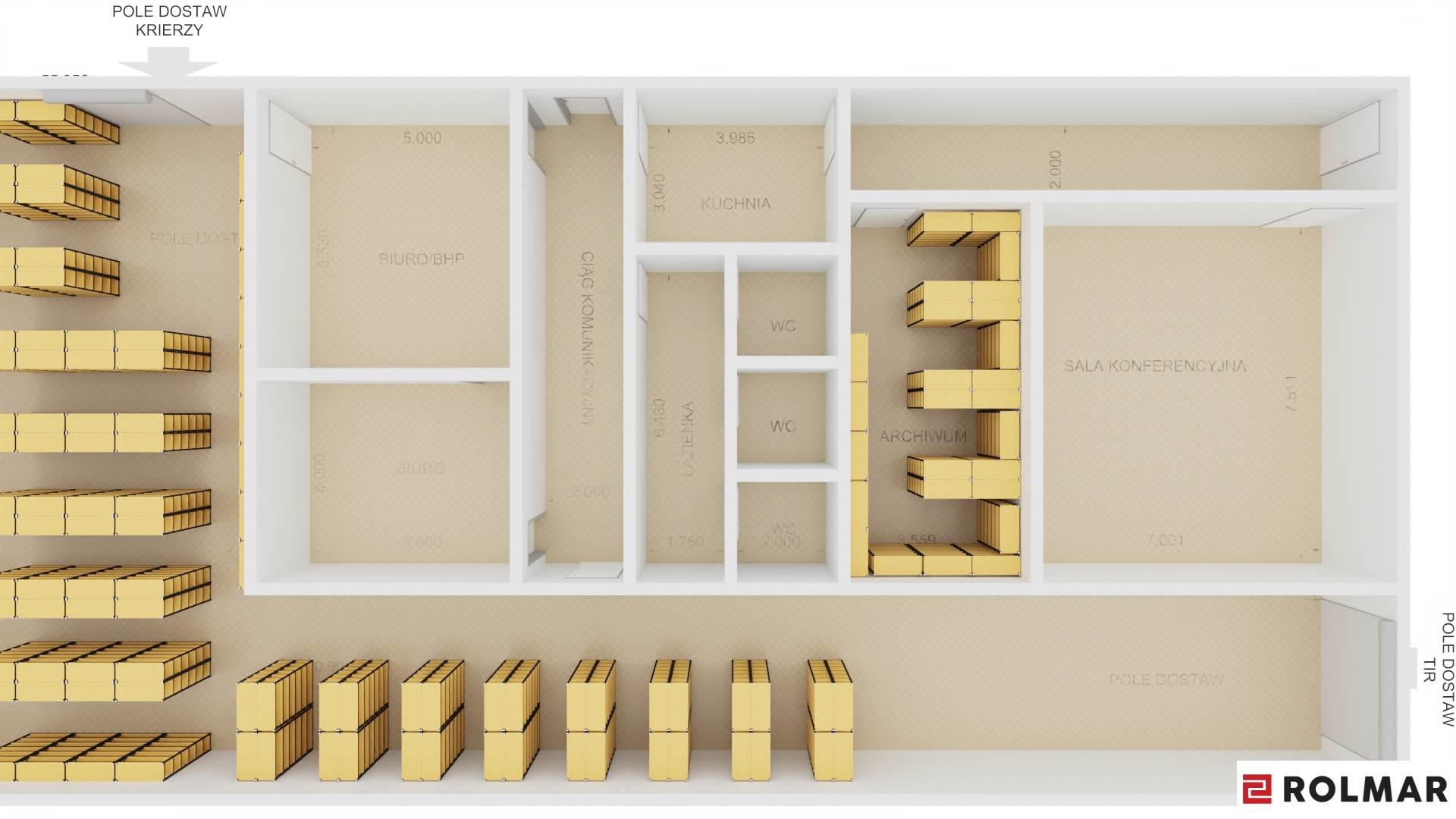 Top-down floor plan visualization showing office and warehouse layout. Visible rooms: HSE office, kitchen, WC, archive, conference room, and delivery area with yellow-colored shelving. Rolmar logo in bottom right