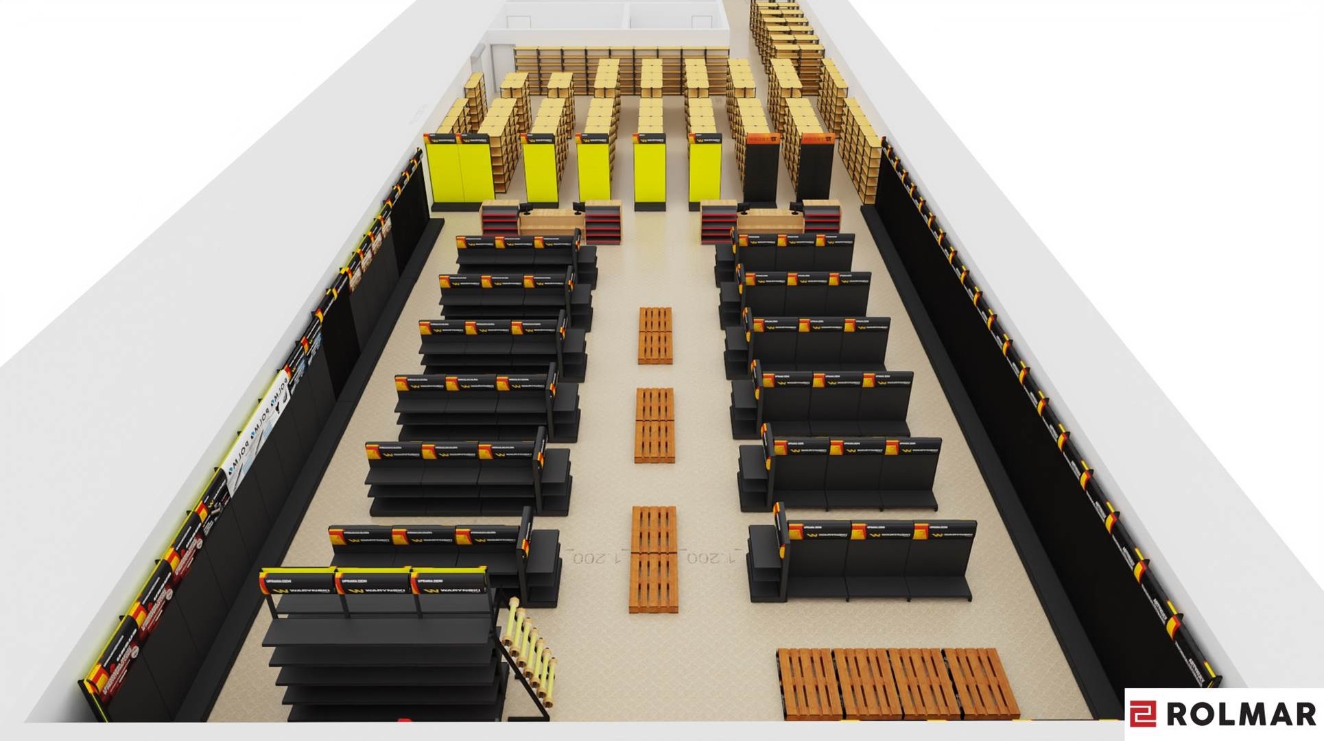 Bird's eye view store visualization showing symmetrical arrangement of black shelves, wooden pallets in central aisle, and yellow wall panels in the background. Rolmar logo visible in bottom right